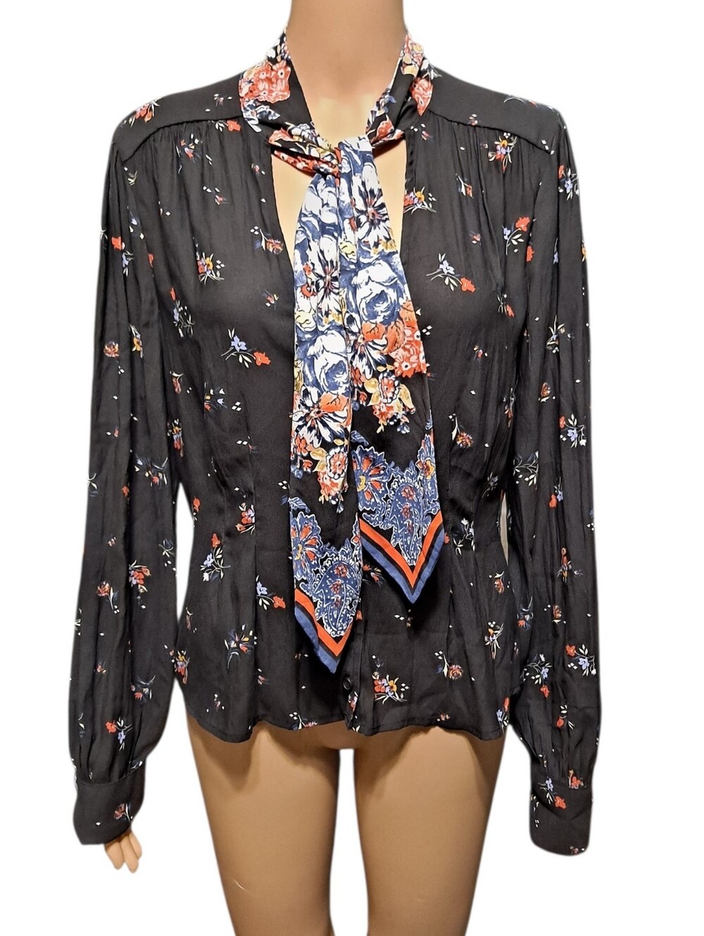 Free People Black Floral Tie-Neck Button Down Blouse, Large
